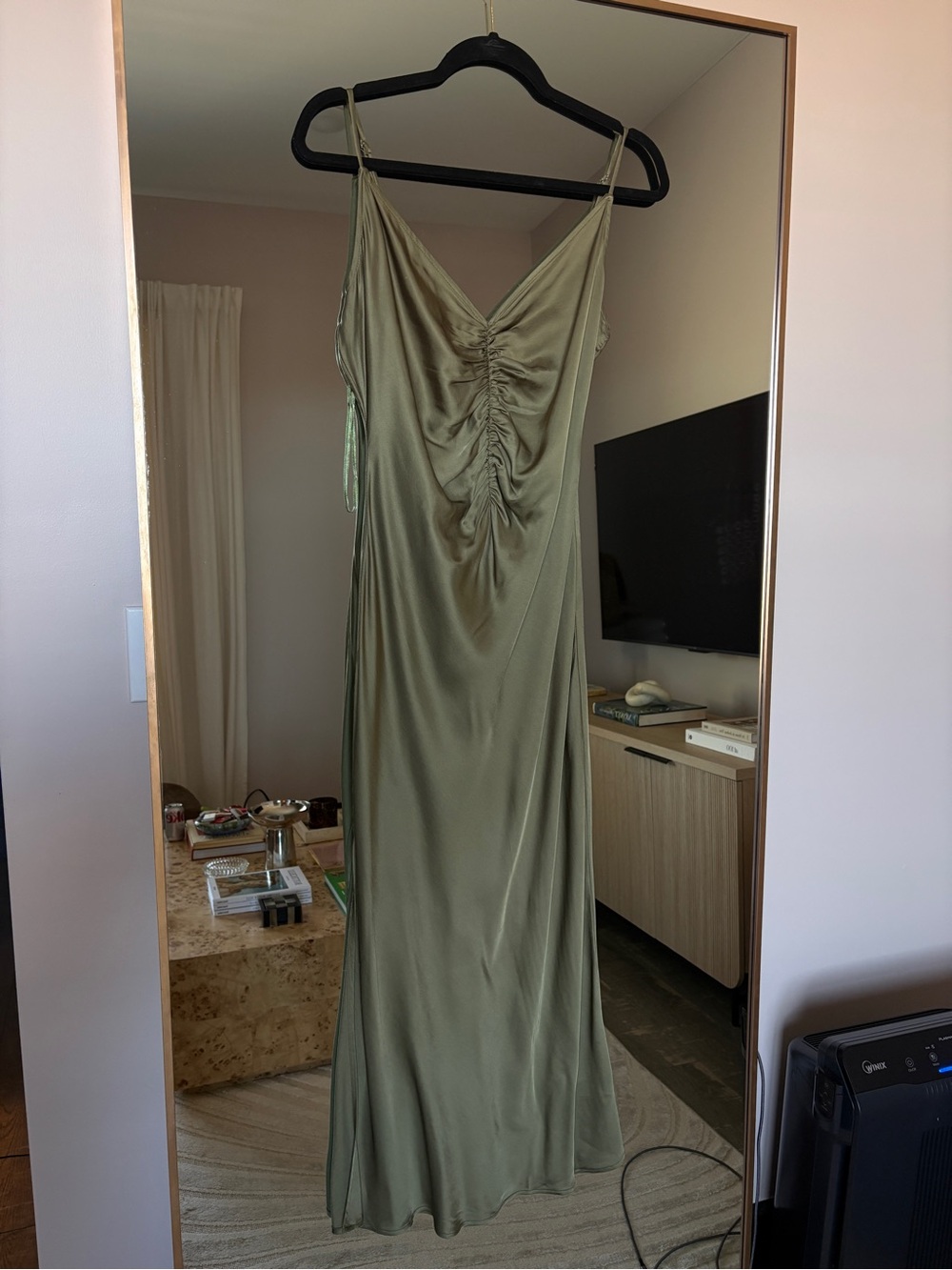 Astr Olive Satin Ruched Slip Midi Dress